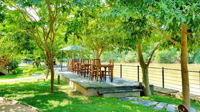 Wooden deck along the river bank